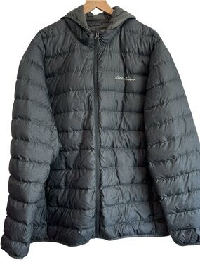 Eddie Bauer Men's T2XL Gray Puffer Jacket Down EB650 packable pockets hood